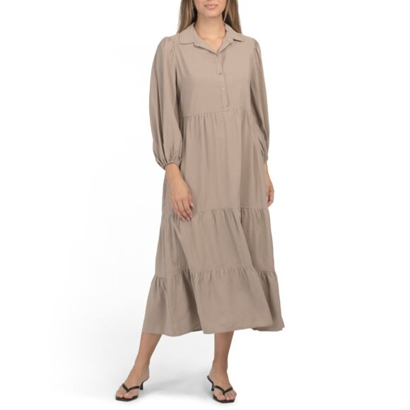 MAX STUDIO Cobblestone Three-quarter Sleeve Collared Tiered Midi Dress - Picture 1 of 2